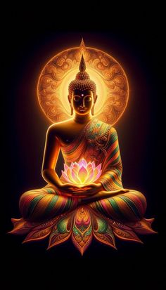 a buddha statue sitting in the middle of a dark room with an orange light behind it