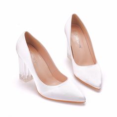 Details: Style: elegant Embellishment: Satin Heels Type:?Stiletto Heel height:?2.56inch/3.74inch Closure Type: slip on Toe: Pointed Toe Upper Material: Microfiber Leather Sole Material:?Rubber Lining Material:?PU Leather Clear High Heel Shoes For Prom, Clear High Heels For Prom, White Closed Toe Court Shoes For Party, White Court Shoes For Summer Evening, White Summer Formal Court Shoes, Clear Block Heel Evening Heels, White Pointed Toe Feminine Heels, White Summer Court Shoes With Padded Heel, White Court Shoes With Padded Heel For Summer