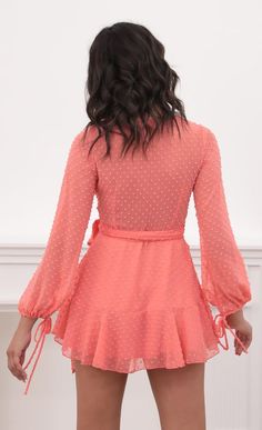 Party dresses > Lexi Ruffle Wrap Dress in Dotted Coral Upf Clothing, Easy Wrap, Ruffle Wrap Dress, Long Sleeve Wrap Dress, Casual Day Dresses, Picnic In The Park, Straight Dress, Fabulous Dresses, Date Night Dresses