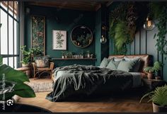 a bedroom with green walls, wooden floors and plants on the wall above the bed