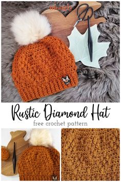 a crocheted hat with pom - pom on top and the words rustic diamond