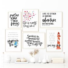 a set of six prints with different sayings on the wall above a white shelf