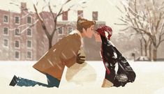 a man and woman kissing in the snow