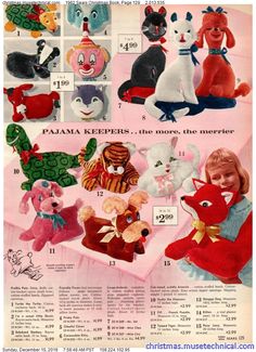 an advertisement for stuffed animals from the 1950's, with pictures of them in different colors and sizes