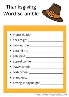 thanksgiving word scramble with a pilgrim hat on it