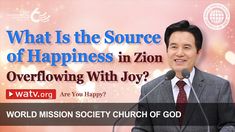 a man standing in front of a microphone with the words, what is the source of happiness in zon overflowing with joy?