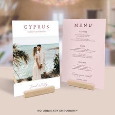 a wedding menu is shown with a photo on the front and back cover, along with a wooden stand