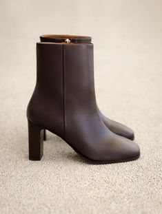 May Ristretto - High-heeled ankle boots in brown leather Calf Leather Boots With Square Toe For Winter, Winter Calf Leather Boots With Square Toe, Calf Leather Almond Toe Winter Boots, Winter Calf Leather Boots With Almond Toe, Winter Mid-calf Boots In Calf Leather With Reinforced Heel, Luxury Ankle Boots For Fall, Winter Mid-calf Calf Leather Boots With Reinforced Heel, Winter Office Heeled Boots With Leather Sole, Calf Leather Boots With Block Heel For Winter