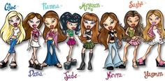 several cartoon girls with different outfits and hair styles, all wearing high heeled shoes