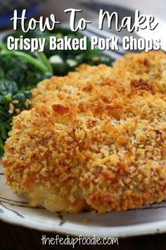 crispy baked pork chops on a plate with broccoli in the background