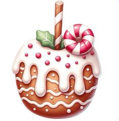 a cake with white icing and candy canes on top is in the shape of an apple