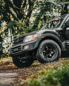 a black suv parked in front of some trees