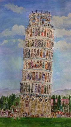 a painting of a very tall building with many people on it's sides and windows