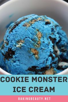 a scoop of cookie monster ice cream in a white bowl