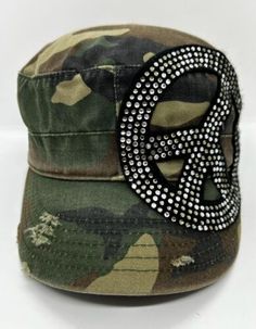 Olive Juice Cadet Cap Hat Adjustable Camo Distressed Peace & Love Rhinestones | eBay Imvu Accessories, Y2k Hats, Thrift Manifest, Y2k Hat, Roblox Items, Rhinestone Hat, Bling Hat, Y2k Inspo, Hippie Accessories