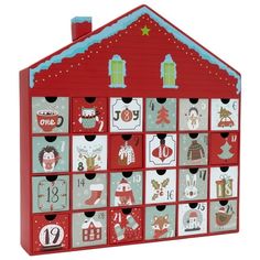 a red and white wooden calendar with christmas decorations on the front, including santa's house