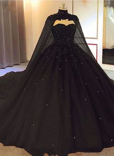 Black Tulle Ball Gown Wedding Party Dress with Cap Dark Masquerade, Long Sweet 16 Dresses, Gaun Koktail, Black Wedding Gowns, Black Ball Gown, Cape Wedding Dress, Gothic Wedding Dress, Royal Blue Prom Dresses, Tulle Ball Gown