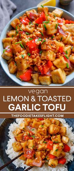 the recipe for vegan lemon and toasted garlic tofu is shown in two pictures