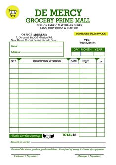 a receipt form with grocery items in the bottom left corner and an image of a grocery basket