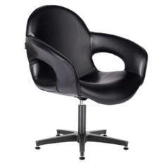 an office chair with wheels and black leather upholstered on the back, viewed from the front