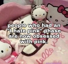 two hello kitty dolls sitting in a pink bed with the caption people who had an i hate pink phase are now obsesed with pink