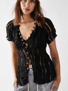 Premium Quality Free People NWT Size XS Gorgeous Lacy Textured Buttondown Black Top NEW, Fashion Women's Tops Buttoned Tops For Summer Nights Out, Summer Tops With Buttons For Night Out, Summer Night Out Tops With Buttons, Summer Top With Button Closure For Night Out, Casual Tops With Button Closure For Night Out, Casual Tops For Night Out With Button Closure, Chic Fitted Tops With Snap Buttons, Spring Night Out Top With Button Closure, Fitted Tops With Snap Buttons For Spring