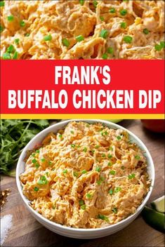 frank's buffalo chicken dip recipe in a white bowl with green onions and celery