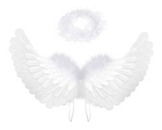 two white angel wings and a ring on the end of each wing are shown in front of a white background