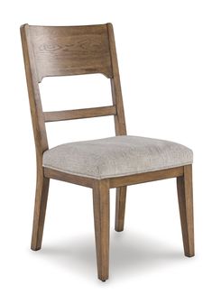 a wooden chair with a beige upholstered seat and back cushion on an isolated white background