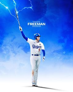 a baseball player holding a bat in his right hand and lightning behind him on a blue sky background