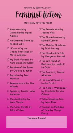 the feminist fiction list is shown in pink