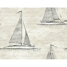 three sailboats in the ocean on a beige background