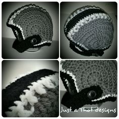 three pictures of a crocheted hat with buttons