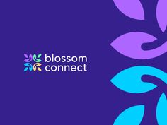 the blossom connect logo is shown in purple, blue and green colors on a dark background