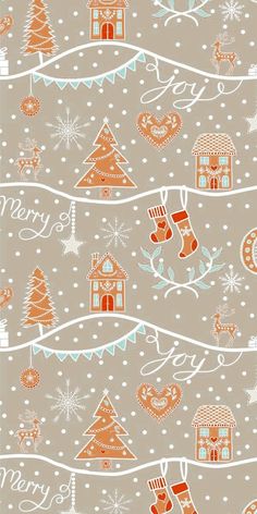 an orange and white christmas wallpaper with stockings, trees, snowflakes and houses