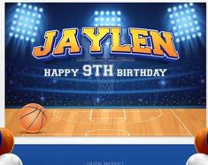 an image of a birthday card with basketballs on the court and lights in the background