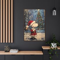 a painting of a cartoon character dressed as santa claus in front of a christmas tree