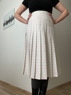 True Vintage Skirt , striped , plaid -good condition, no smell  SIZE : 42 Medium (circa)  Waist:  38 cm(laid flat) Hips: free Lenght : 75 cm NOTE: the skirt is in very good condition, but there are 2 stains on the very bottom . They are on the photos to be seen. I have more similar items, so be sure to check them out, too AND PAY LESS FOR SHIPPING Please be aware of taking responsibility for possible additional costs with the shipping of goods in your own country.  Don't hesitate to contact me f Striped Pleated Fitted Skirt, Striped Relaxed Midi Skirt, Casual Striped Pleated Skirt, Relaxed Striped Midi Skirt, Retro Striped Skirt For Summer, Retro Striped Summer Skirt, Striped Pleated Knee-length Skirt, Summer Retro Striped Skirt, Spring Striped Pleated Skirt