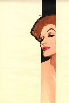 a painting of a woman with red hair peeking out from behind a white wall and looking into the distance