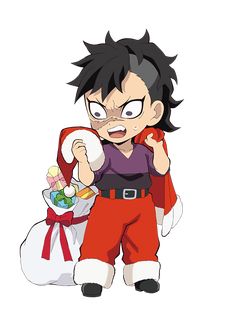 an anime character with black hair and red pants, holding a bag full of candy