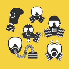 various gas masks and equipment on yellow background