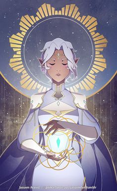 an anime character with white hair and blue eyes holding a crystal ball in her hands