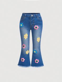 Young Girl Floral Print Raw Hem Flare Leg Jeans Dark Wash    Denim  Flare Leg Medium Stretch  Young Girls Clothing, size features are:Bust: ,Length: ,Sleeve Length: Flare Jeans Kids, Vintage Flare Jeans, Vintage Flare, Flare Leg Jeans, Jeans Kids, Girls Denim, Denim Flares, Inspiration Mode, Dark Wash Denim