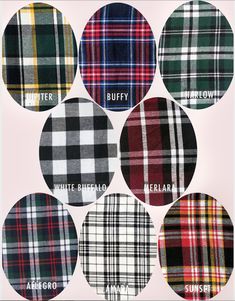 the different plaid patterns are shown in several colors and sizes, including black, white, red