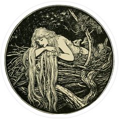 a black and white drawing of a woman with long hair sitting in the water next to trees