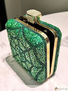 Bird in Bag - Elegant Lady's Clutch Bag with Rhinestones and Metal Chain Green Details, Clutches For Women, Bag Elegant, Elegant Lady, Box Clutch, Purple Rhinestone, Ladies Clutch, Chain Bag, Box Bag