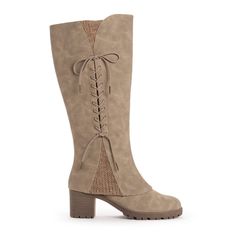 Make every step count in MUK LUKS Women's Lucy Lonnie Boots. This water-resistant tall boot has a stacked 2.36 inch block heel to give you a confidence boost, a full side zip to easily slide these on and off, and a decorative lace-up detail for added flair. As if that was not enough, we have also lined these boots with our signature Muk Luxe lining to give you extra protection against the elements. Confident Boost, Faux Leather Boots, Tall Boot, Two Brothers, Leather Boots Women, Slipper Socks, Tall Boots, Side Zip, Block Heels