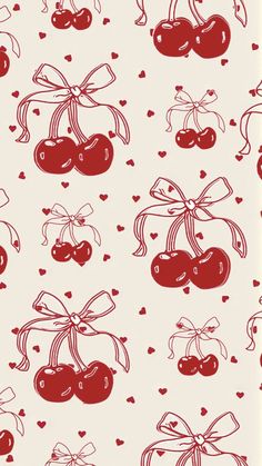 cherries with bows and hearts on a white background seamless wallpaper or fabric