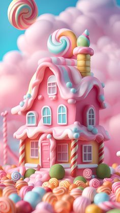 a pink house surrounded by candy land and lollipops in the sky with clouds