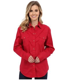 Roper L/S Solid Basic Snap Front (Red) Women's Long Sleeve Button Up Play the part of the shy desert flower while secretly owning the room with an impeccably stylish Roper shirt. Cotton woven in a crisp solid color. Fold-over collar. Full snap-front closure. Western front and back yokes. Long-sleeve coverage. Snap flap chest pockets with logo embroidery at left. Shirttail hem. 100% cotton. Machine wash cold tumble dry low. Imported. Measurements: L #Roper #Apparel #Top #LongSleeveButtonUp #Red Contrast Collar Shirt, Collar Shirts Women, Red Button Up Shirt, Western Front, Sleeves (women), Western Fashion, Jeans And Boots, Red Leather Jacket, Women Long Sleeve